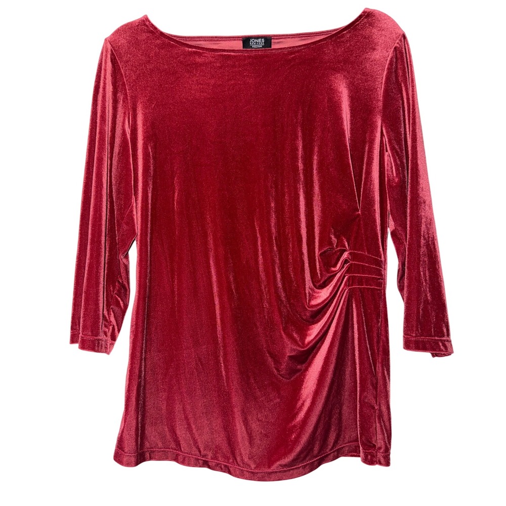 Jones New York Signature Women's rose Red Velvet 3/4 Sleeve Ruched Side Top L